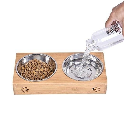 Double Pet Dog Bowl Stainless Steel Pet Bowl Bamboo Bottom Food Water Dual-use Pet Bowl Image 5