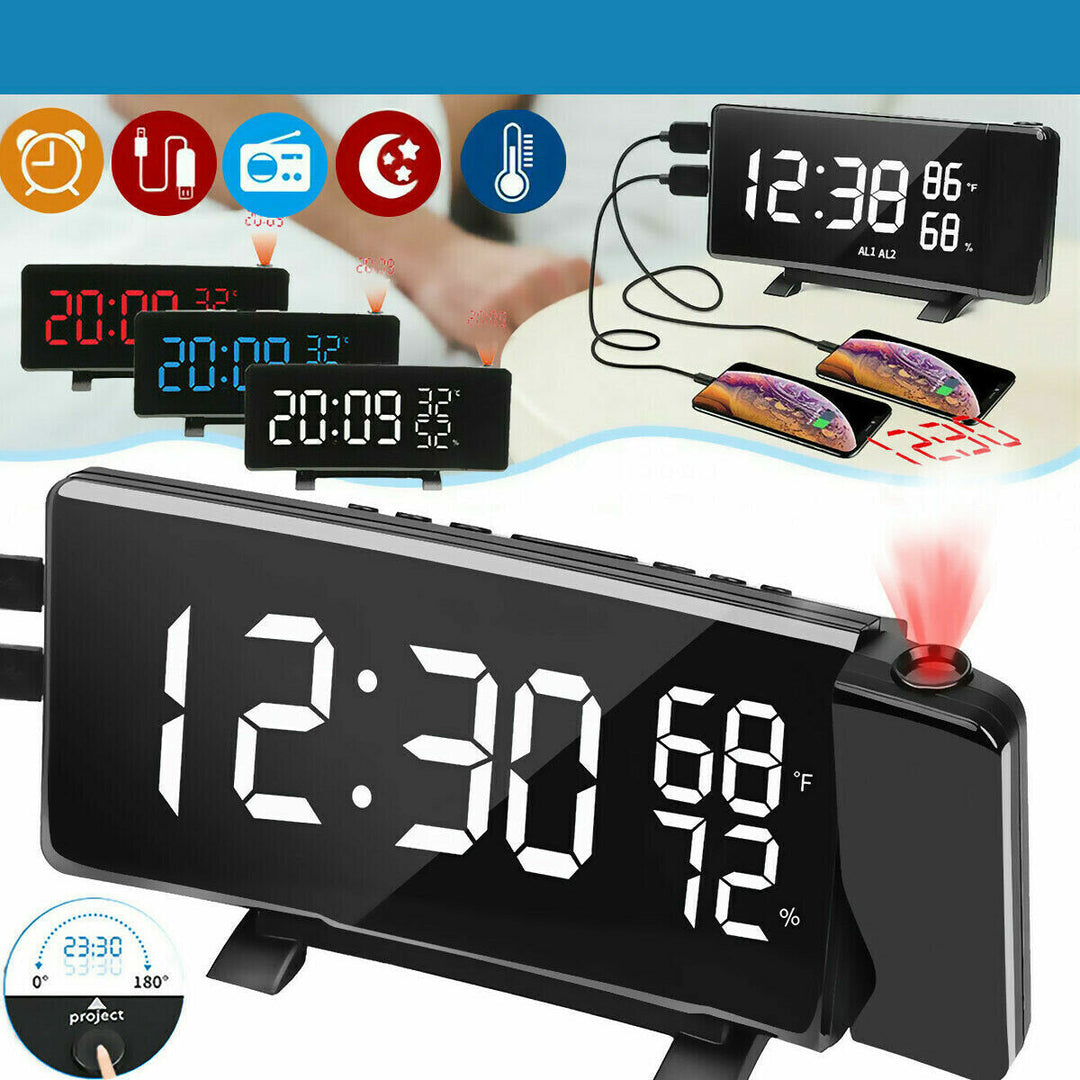 Dual USB LED Display FM Radio Alarm Clock With Time Projection Dimmable Image 7