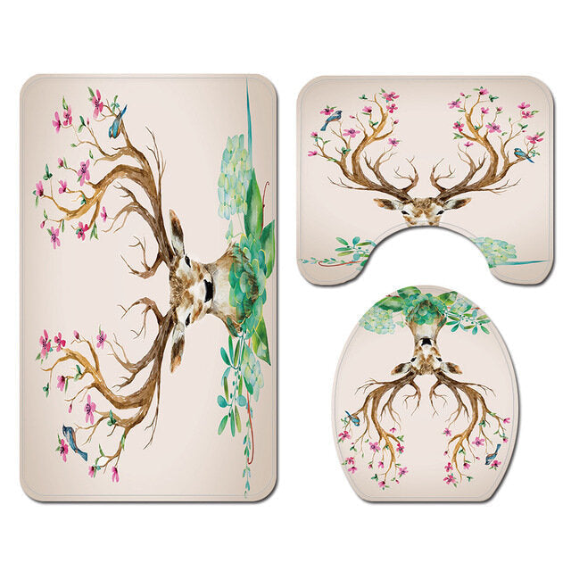 Elk Flower Printing Shower Curtain Floor Mat Four-Piece Combination Bathroom Mat Set Image 1