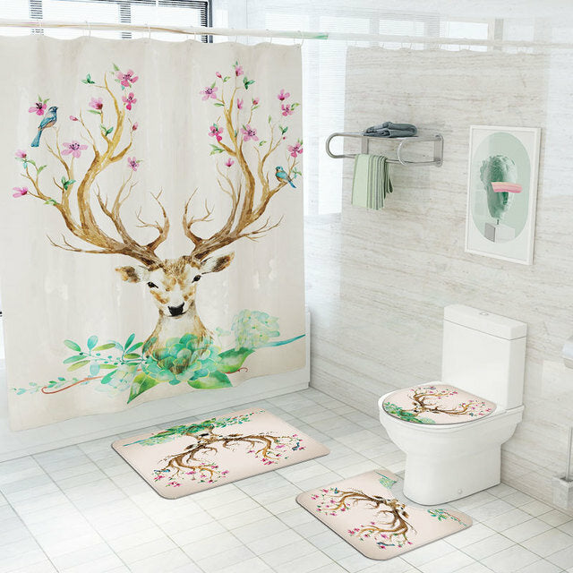 Elk Flower Printing Shower Curtain Floor Mat Four-Piece Combination Bathroom Mat Set Image 3