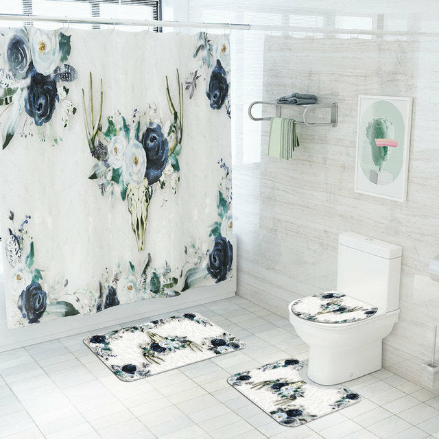 Elk Flower Printing Shower Curtain Floor Mat Four-Piece Combination Bathroom Mat Set Image 4