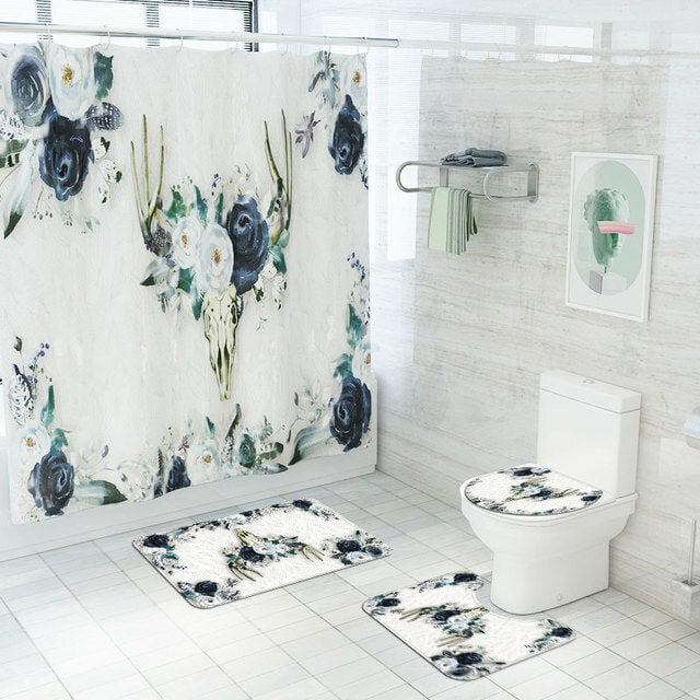 Elk Flower Printing Shower Curtain Floor Mat Four-Piece Combination Bathroom Mat Set Image 1