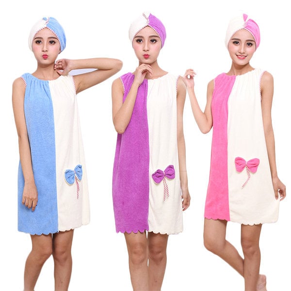 Flannel Soft Absorbent Skirts Salon Bathrobe Women SPA Bath Towel With Hair Dry Cap Image 1