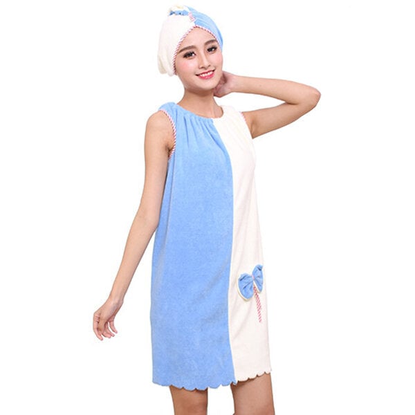 Flannel Soft Absorbent Skirts Salon Bathrobe Women SPA Bath Towel With Hair Dry Cap Image 2