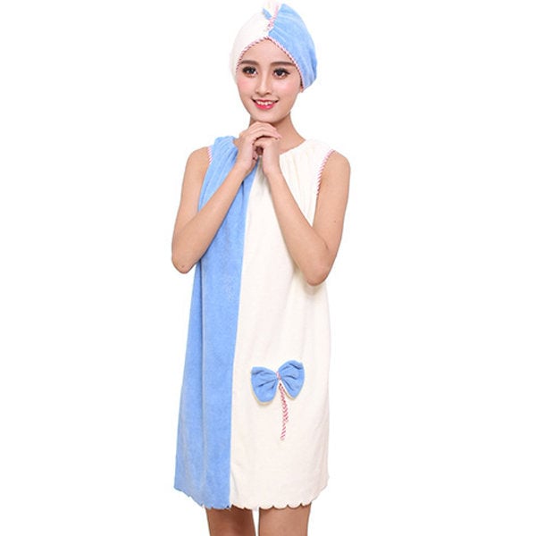 Flannel Soft Absorbent Skirts Salon Bathrobe Women SPA Bath Towel With Hair Dry Cap Image 8