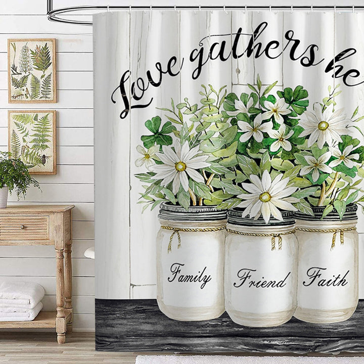 Farmhouse Floral Flower Shower Curtain Waterproof Flower Eucalyptus Leaf Rustic Wooden Plank Shower Curtain Image 3