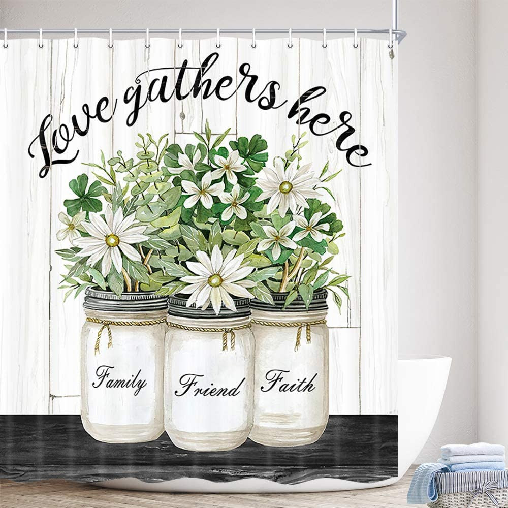 Farmhouse Floral Flower Shower Curtain Waterproof Flower Eucalyptus Leaf Rustic Wooden Plank Shower Curtain Image 4