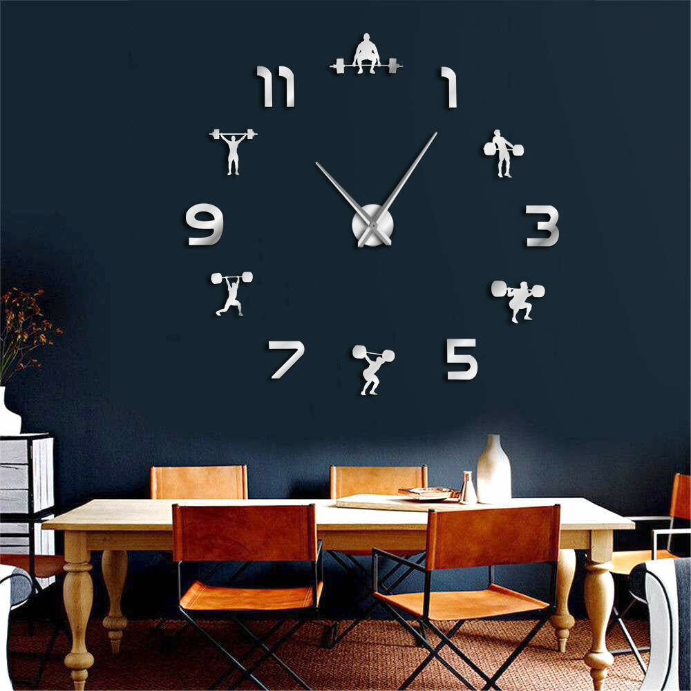 Fitness Room DIY Giant Wall Clock Mirror Effect Powerlifting Frameless Large Wall Clock Wall Watch Image 2