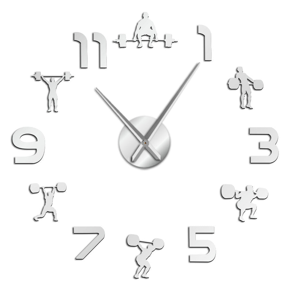 Fitness Room DIY Giant Wall Clock Mirror Effect Powerlifting Frameless Large Wall Clock Wall Watch Image 11