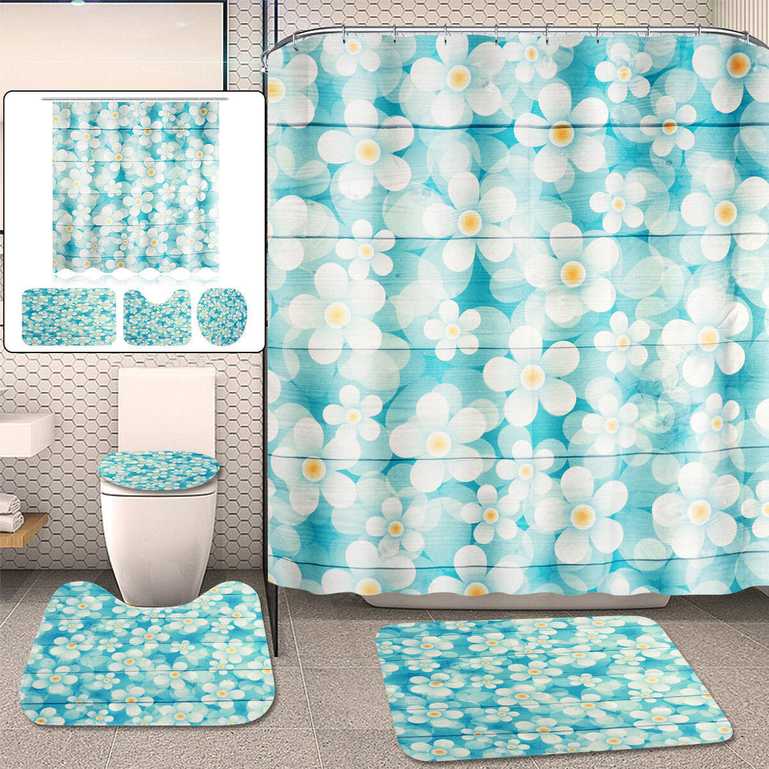 Freehand Small Flower Shower Curtain Set Wear-resistant Toilet Seat Cushion Toilet Lid Cover Bath Mat Set Image 3