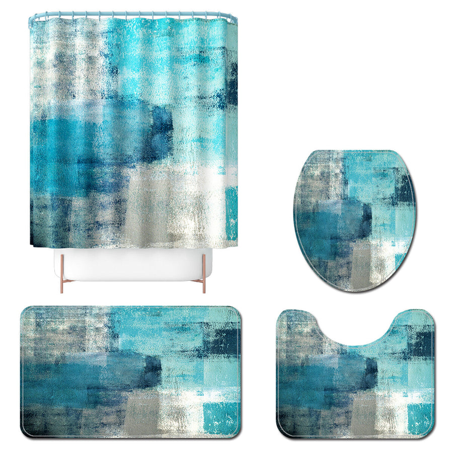 Green Blue Grey Abstract Painting Shower Curtain Set Gray Vintage Retro Non-Slip Rugs Toilet Lid Cover Bath Mat Set Image 1