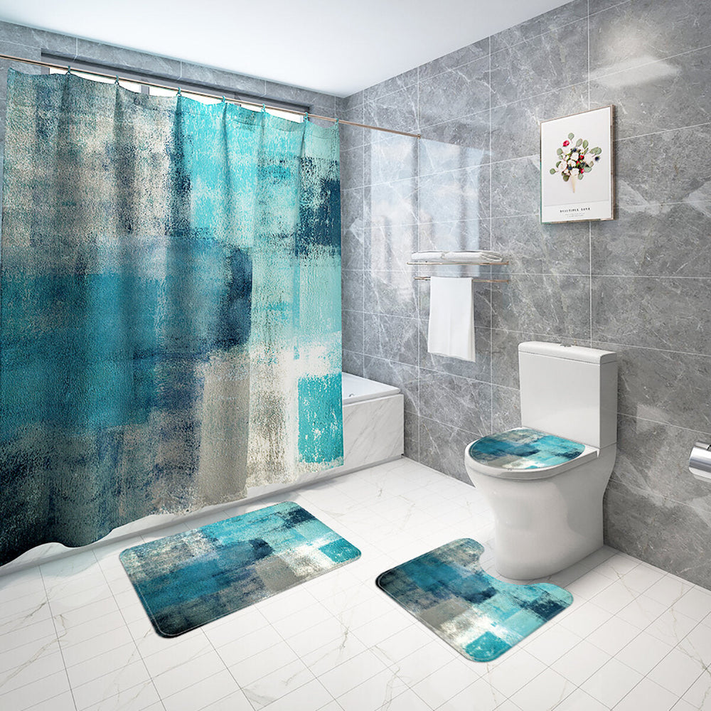 Green Blue Grey Abstract Painting Shower Curtain Set Gray Vintage Retro Non-Slip Rugs Toilet Lid Cover Bath Mat Set Image 2