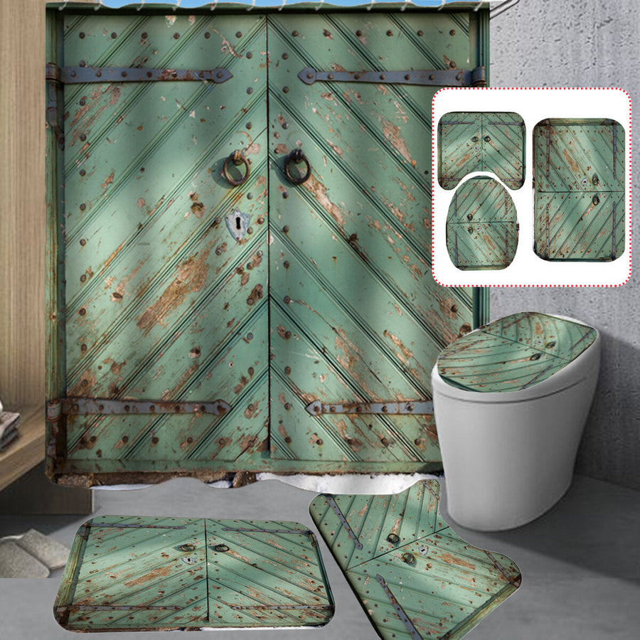 Green Vintage Door Bathroom Shower Curtain Non-slip Mat Set Waterproof Anti-rust Bath Mat Set Image 1