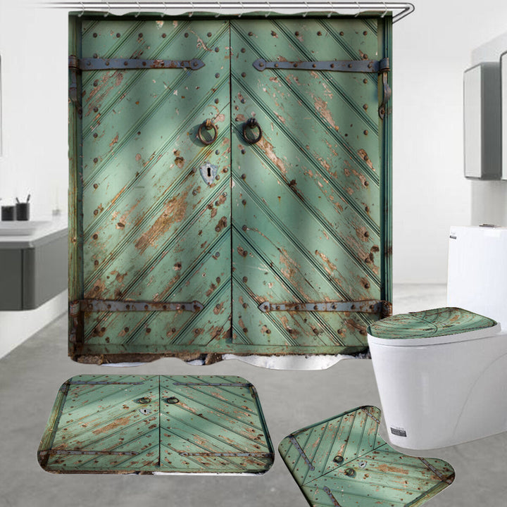 Green Vintage Door Bathroom Shower Curtain Non-slip Mat Set Waterproof Anti-rust Bath Mat Set Image 2