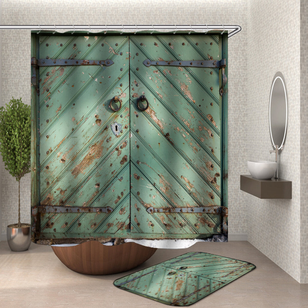 Green Vintage Door Bathroom Shower Curtain Non-slip Mat Set Waterproof Anti-rust Bath Mat Set Image 4