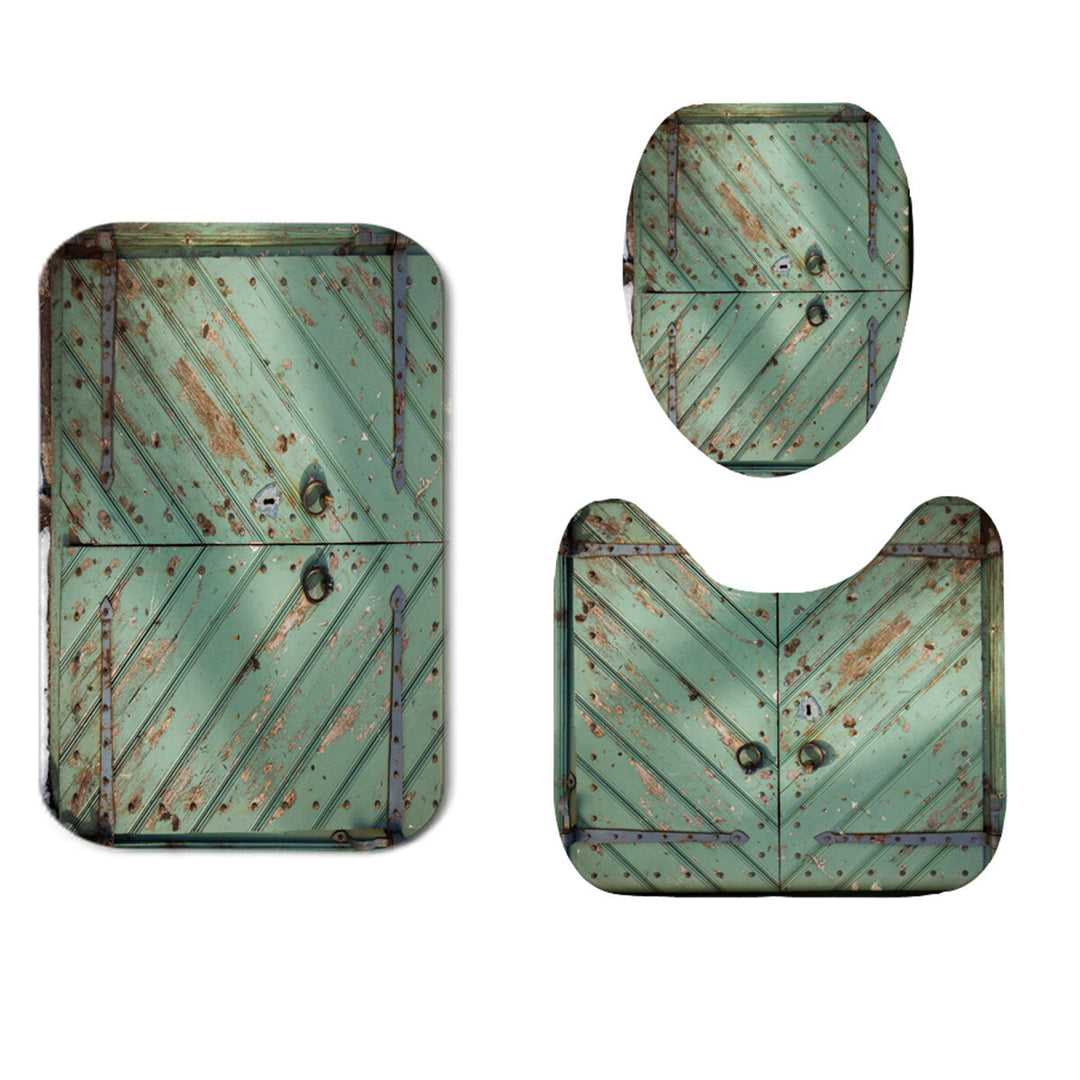 Green Vintage Door Bathroom Shower Curtain Non-slip Mat Set Waterproof Anti-rust Bath Mat Set Image 1