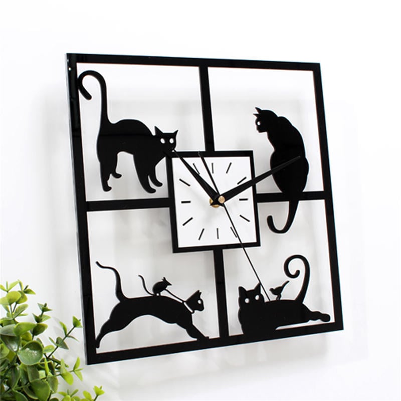 Four Cat Pattern Acrylic Wall Clock Black Quartz Bedroom Living Room Image 2