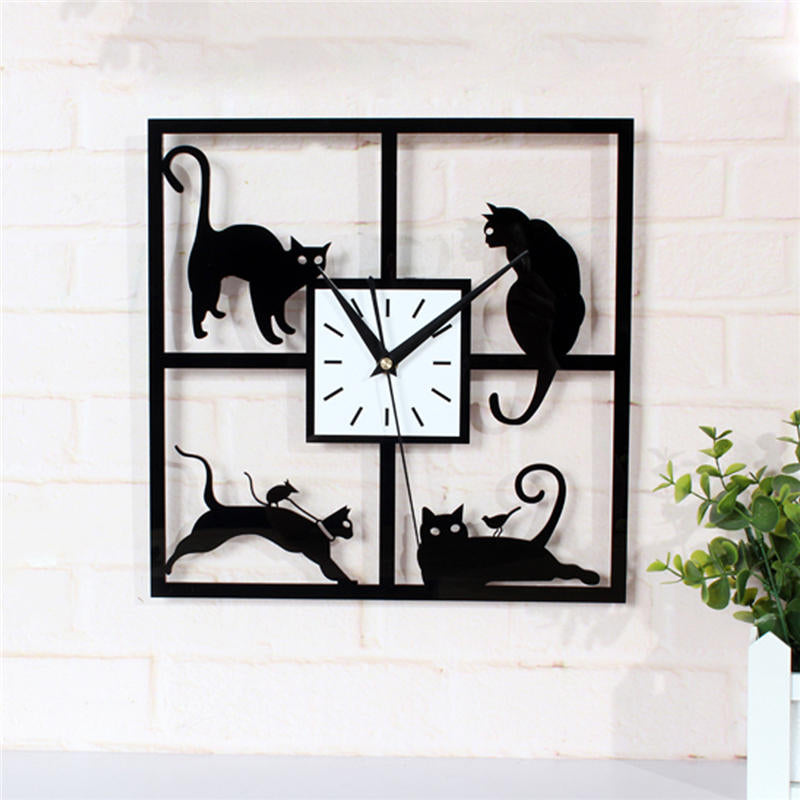 Four Cat Pattern Acrylic Wall Clock Black Quartz Bedroom Living Room Image 6