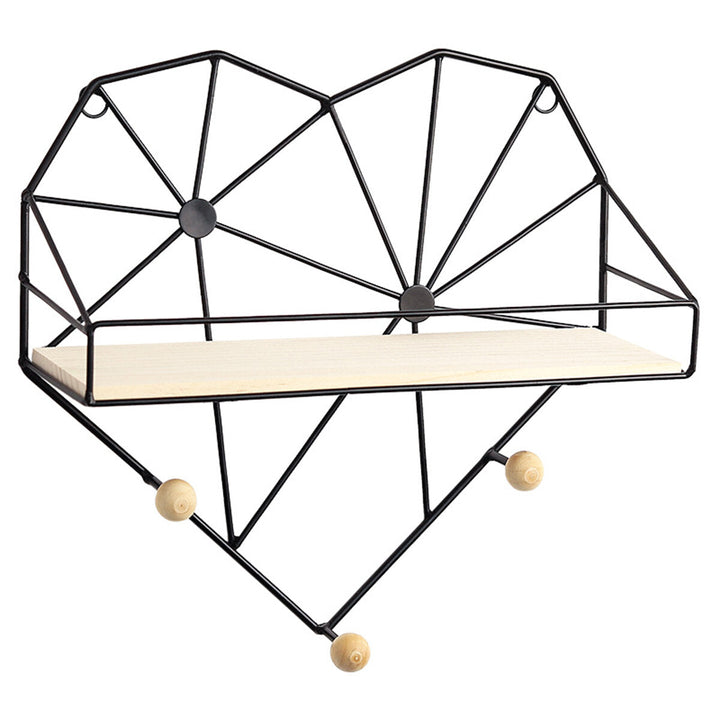 Heart Shaped Metal Wire and Wooden Rack Wall Unit Hanging Shelf Image 1