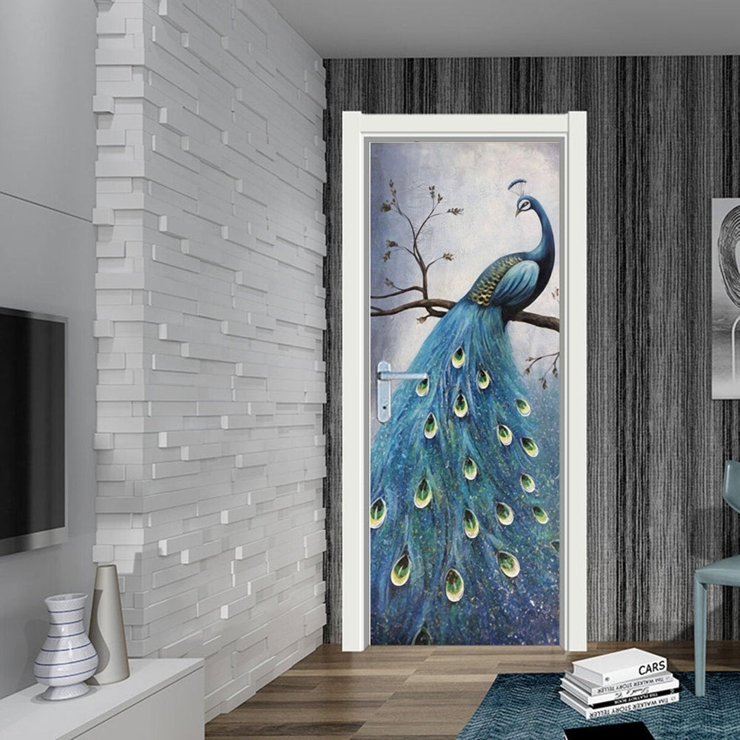 PVC Living Room Door Stickers Wallpaper Poster Peacock Waterproof Home Decoration Image 3