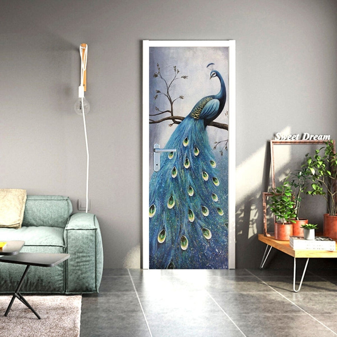 PVC Living Room Door Stickers Wallpaper Poster Peacock Waterproof Home Decoration Image 4