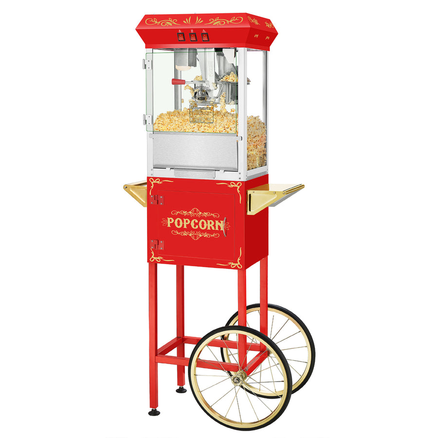 3 Gallon Red Popcorn Machine with Cart 8oz Kettle Mobile Movie Theater Popper Image 1