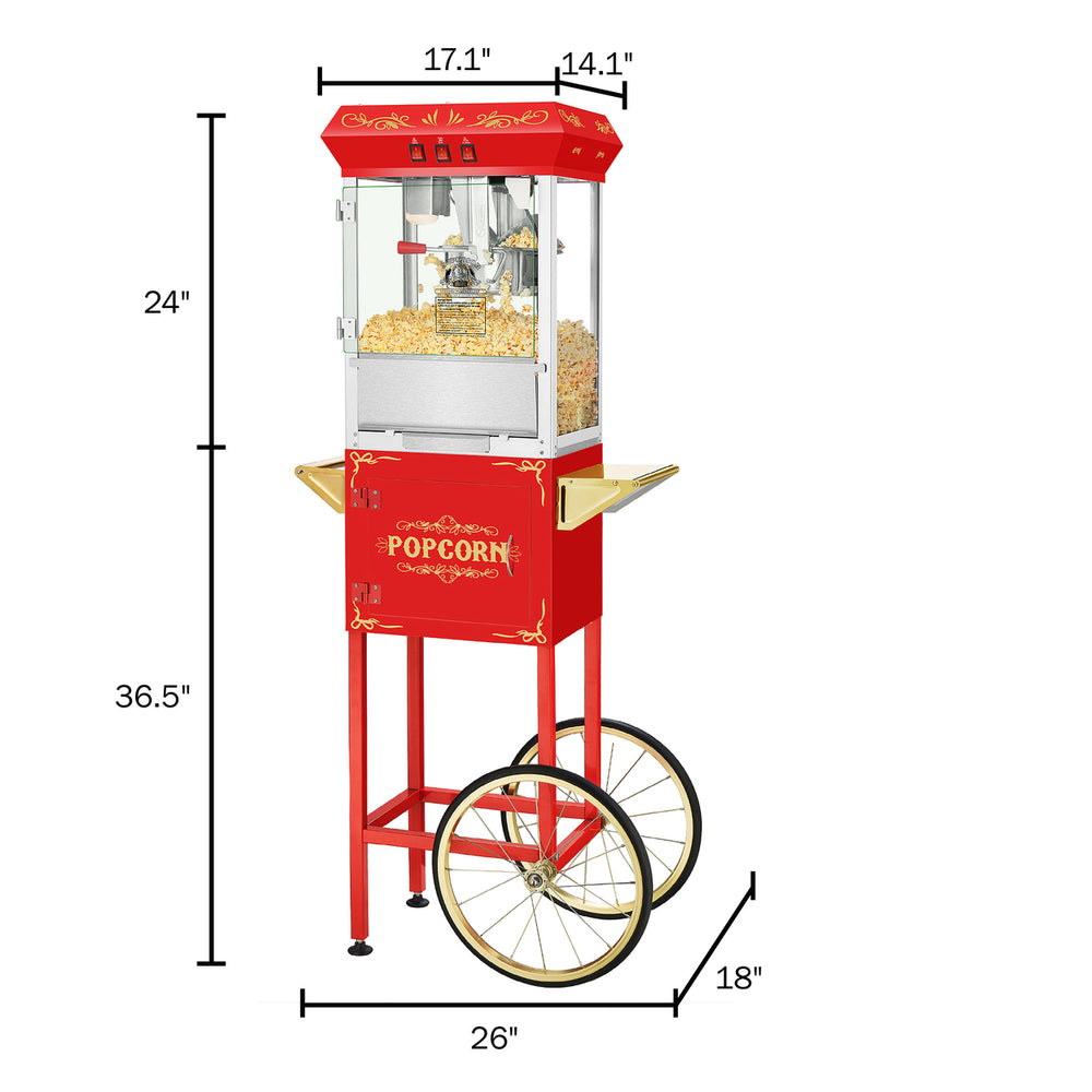 3 Gallon Red Popcorn Machine with Cart 8oz Kettle Mobile Movie Theater Popper Image 2