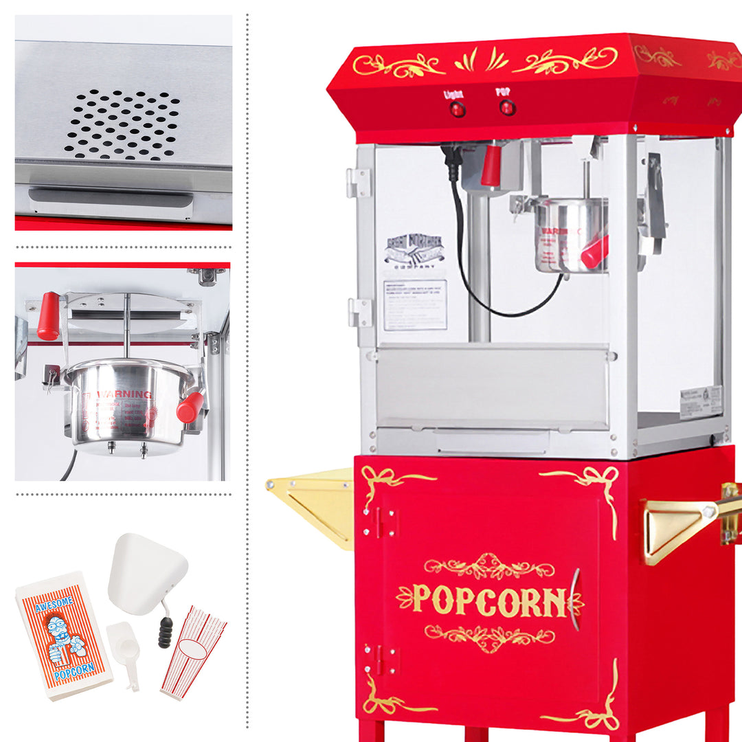 Popcorn Machine with Cart 6oz Popper Stainless Kettle Warming Deck Drawer Red Image 3
