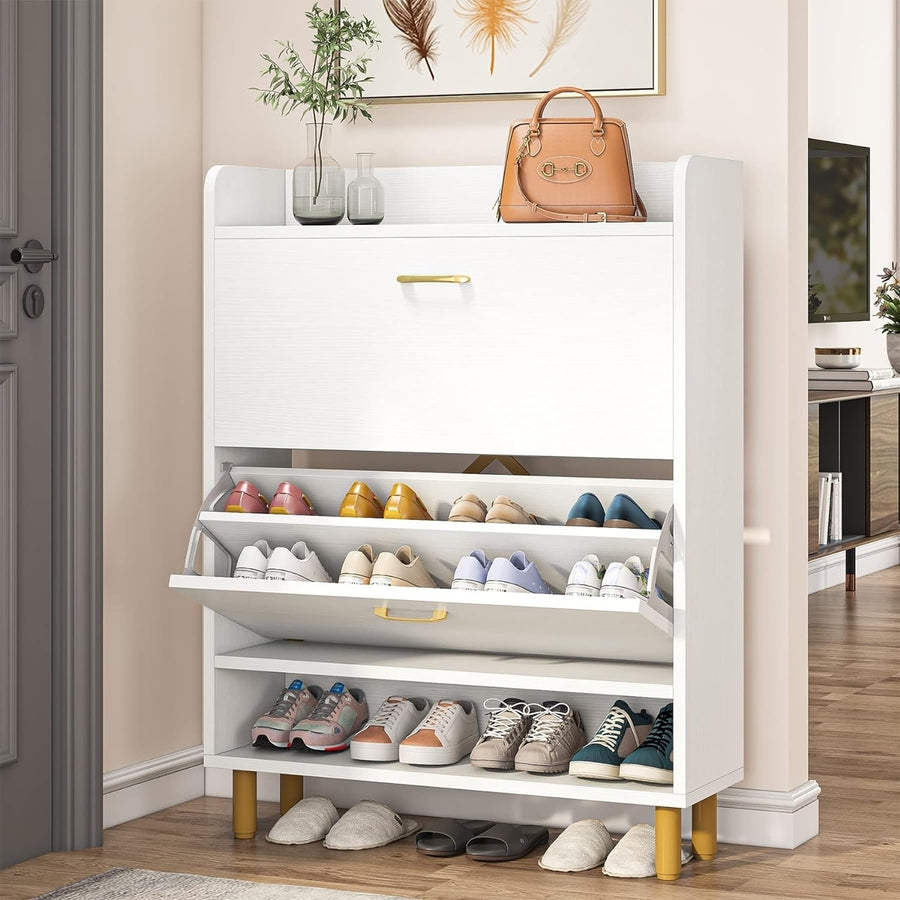 Tribesigns Vintage Shoe Cabinet 2-Tier Storage Organizer White Wood 31.5" 43" Image 1