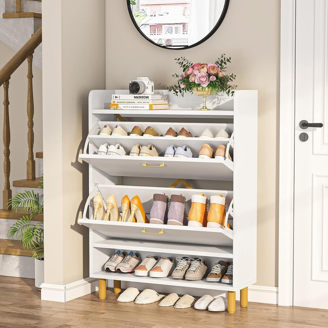 Tribesigns Shoe Cabinet, 2-Tier Shoe Storage Cabinet with Flip Doors, Vintage Entryway Shoe Organizer Rack with Open Image 3