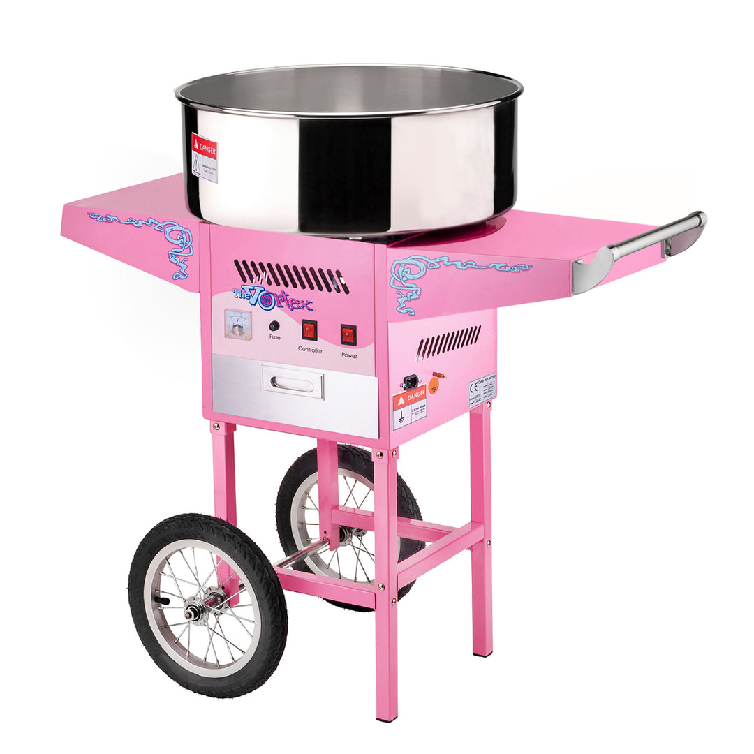 Cotton Candy Machine with Cart Pink Stainless Steel 950W 13in Wheels 2 Trays Image 1