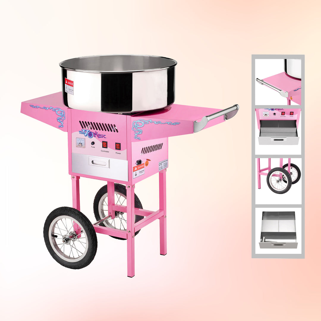 Cotton Candy Machine with Cart Pink Stainless Steel 950W 13in Wheels 2 Trays Image 3