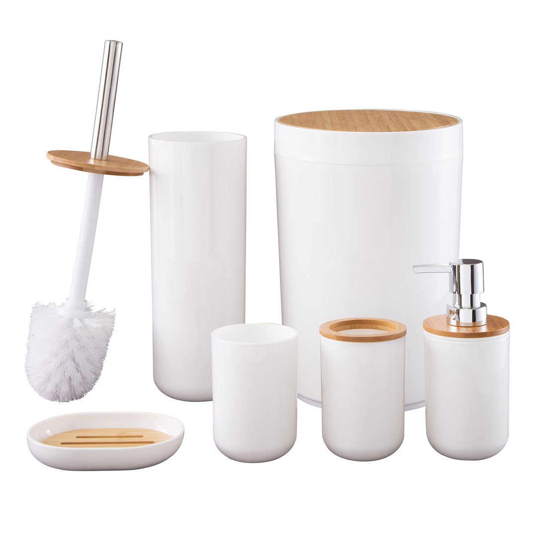 6 Piece White Bathroom Accessory Set with Trash Can Toilet Brush Soap Pump Image 1