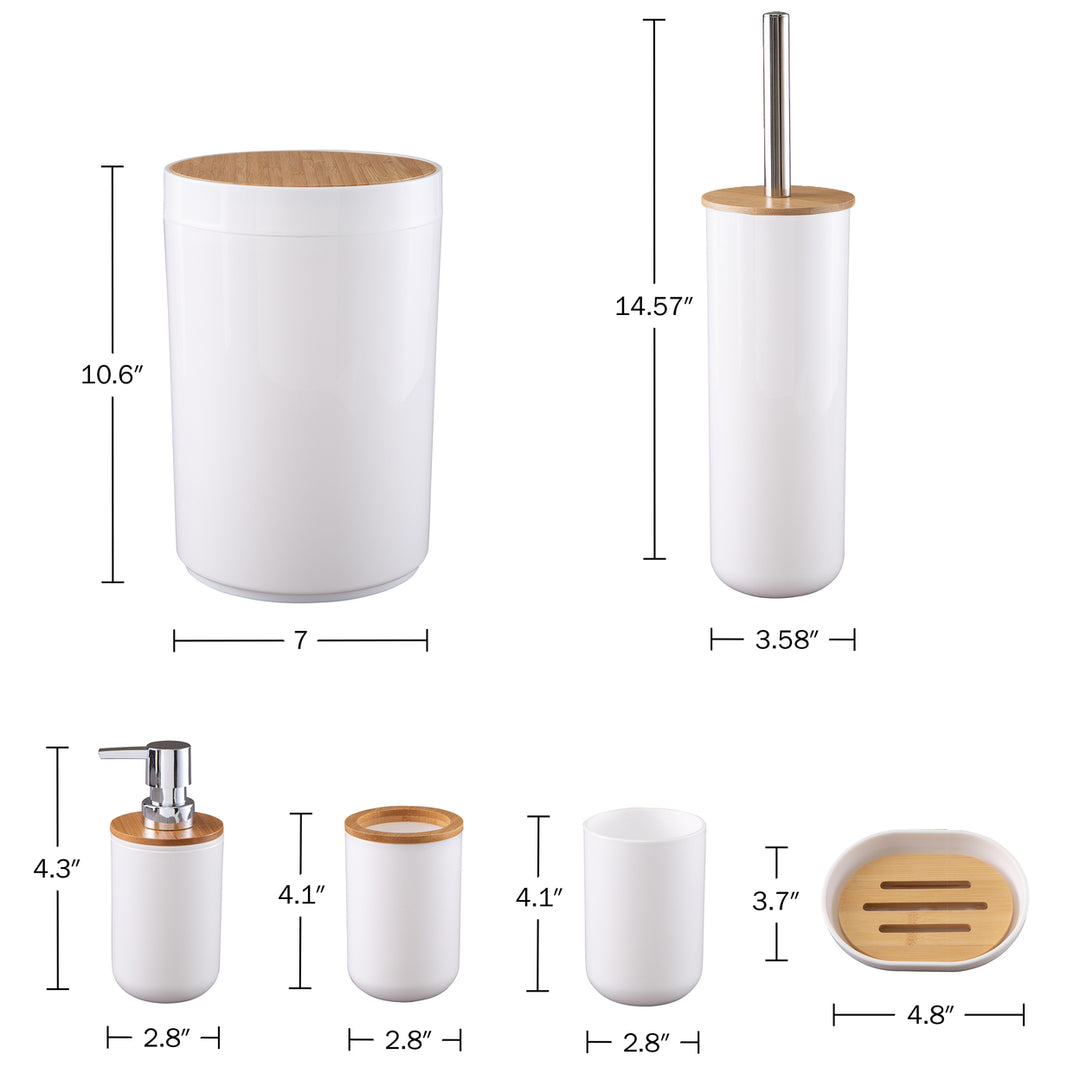 6 Piece White Bathroom Accessory Set with Trash Can Toilet Brush Soap Pump Image 2