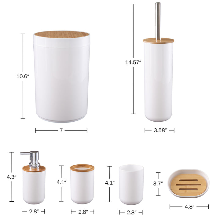 6 Piece White Bathroom Accessory Set with Trash Can Toilet Brush Soap Pump Image 2