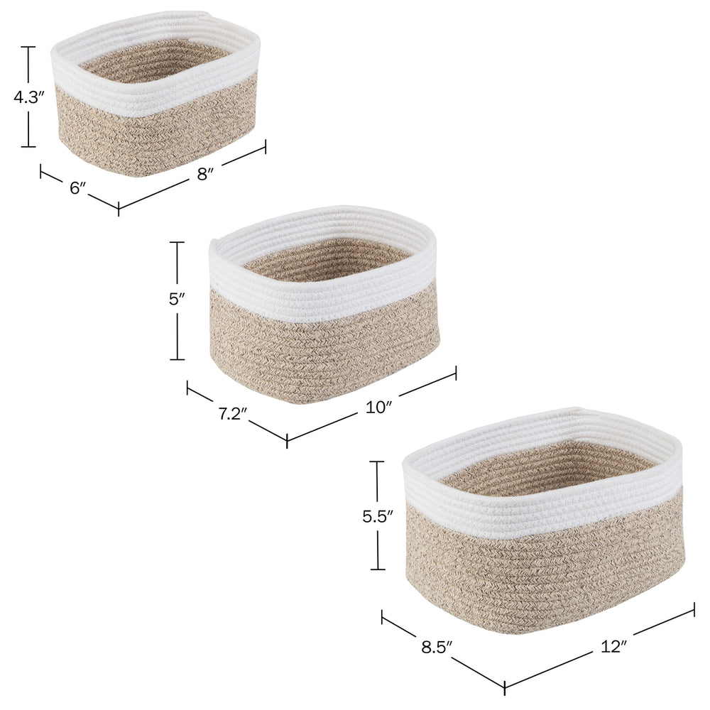 3pc Storage Basket Set Small Medium Large Rope Baskets for All Rooms, Natural Image 2