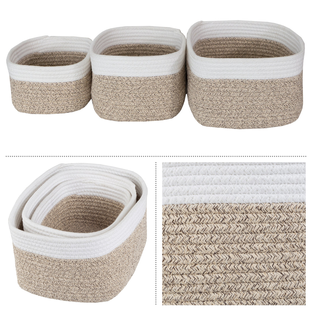 3pc Storage Basket Set Small Medium Large Rope Baskets for All Rooms, Natural Image 3