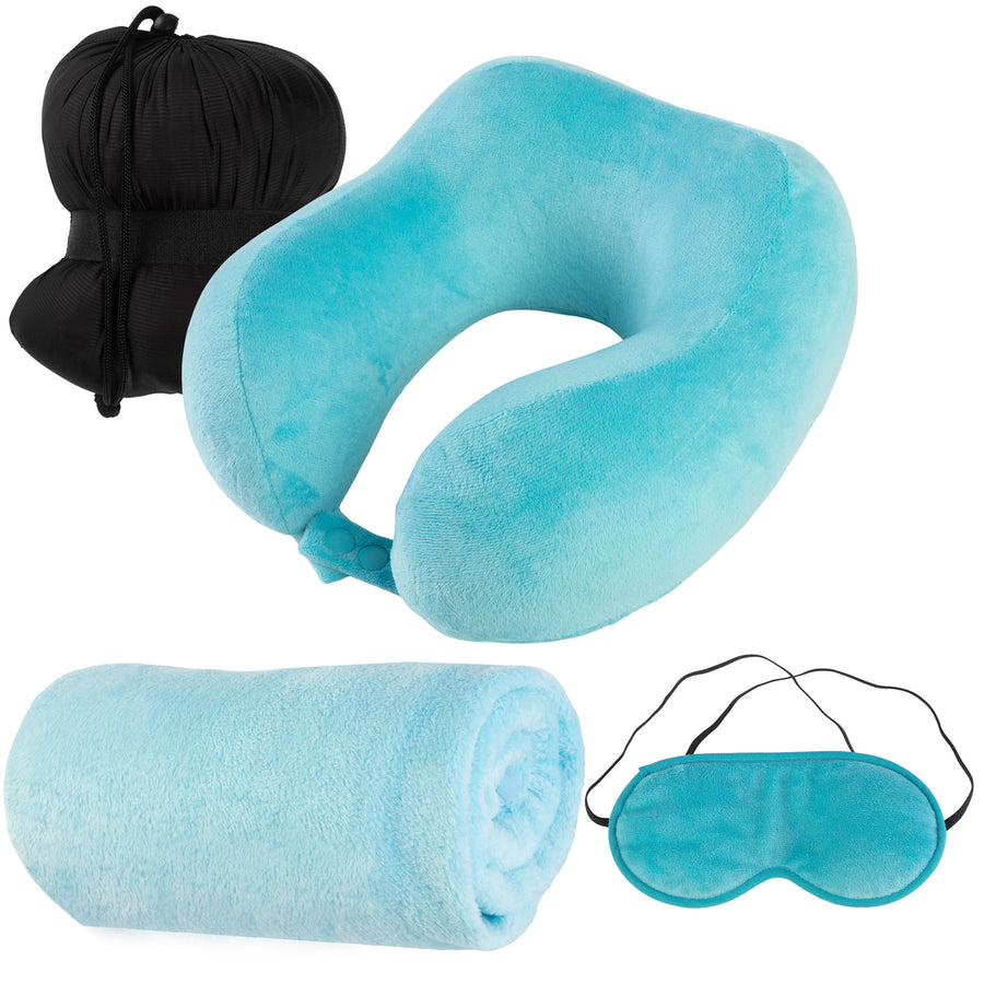 Travel Pillow Set Memory Foam Pillow, Fleece Blanket, and Eye Mask, Blue Image 1