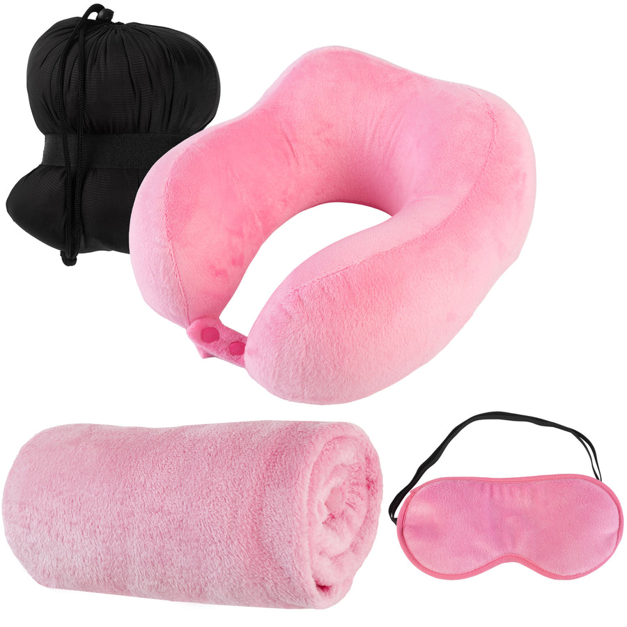 Travel Pillow Set Memory Foam Pillow, Fleece Blanket, and Eye Mask, Pink Image 1