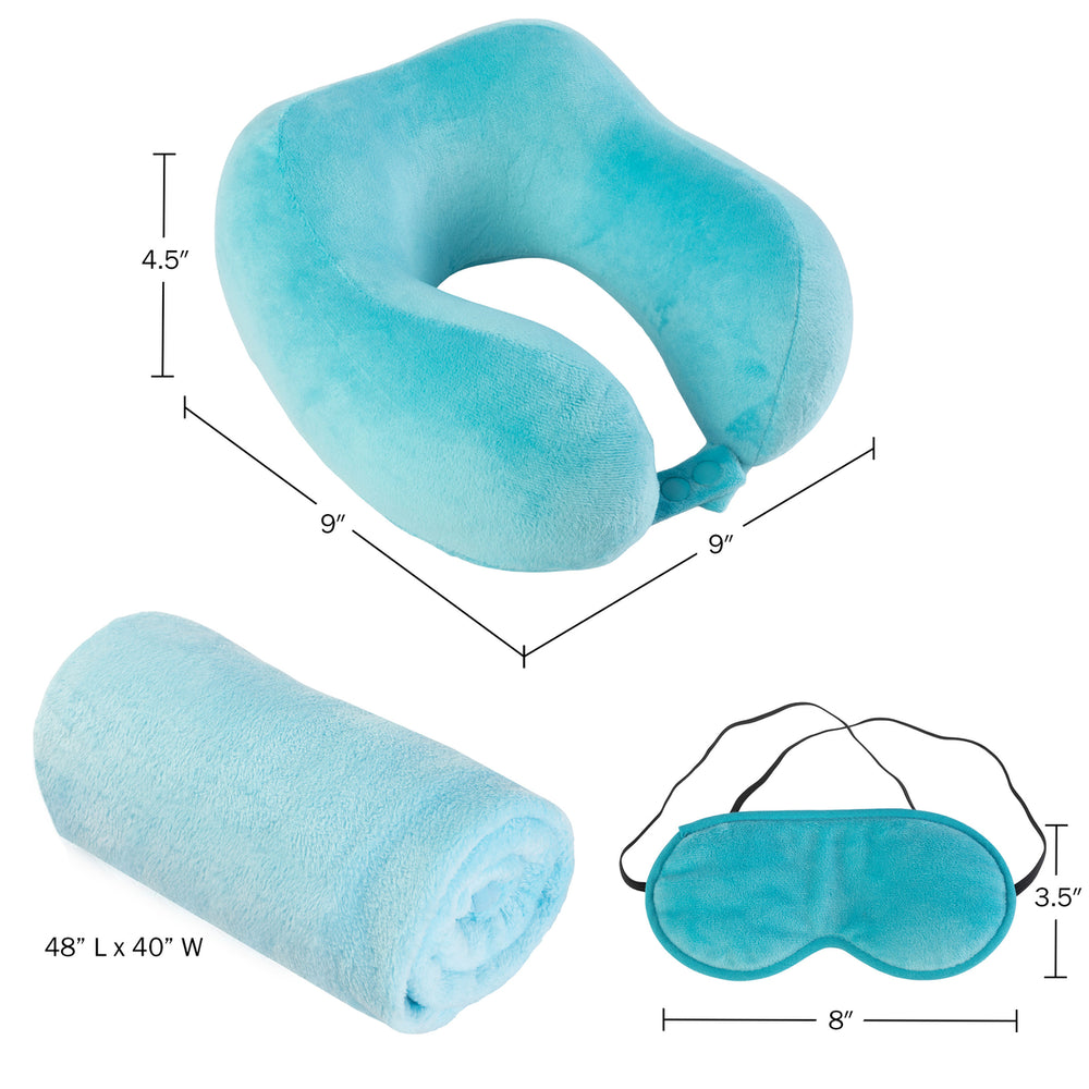 Travel Pillow Set Memory Foam Pillow, Fleece Blanket, and Eye Mask, Blue Image 2