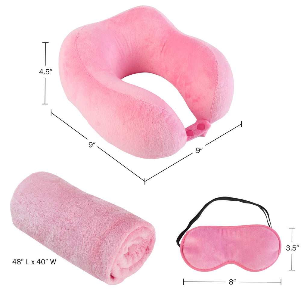 Travel Pillow Set Memory Foam Pillow, Fleece Blanket, and Eye Mask, Pink Image 2