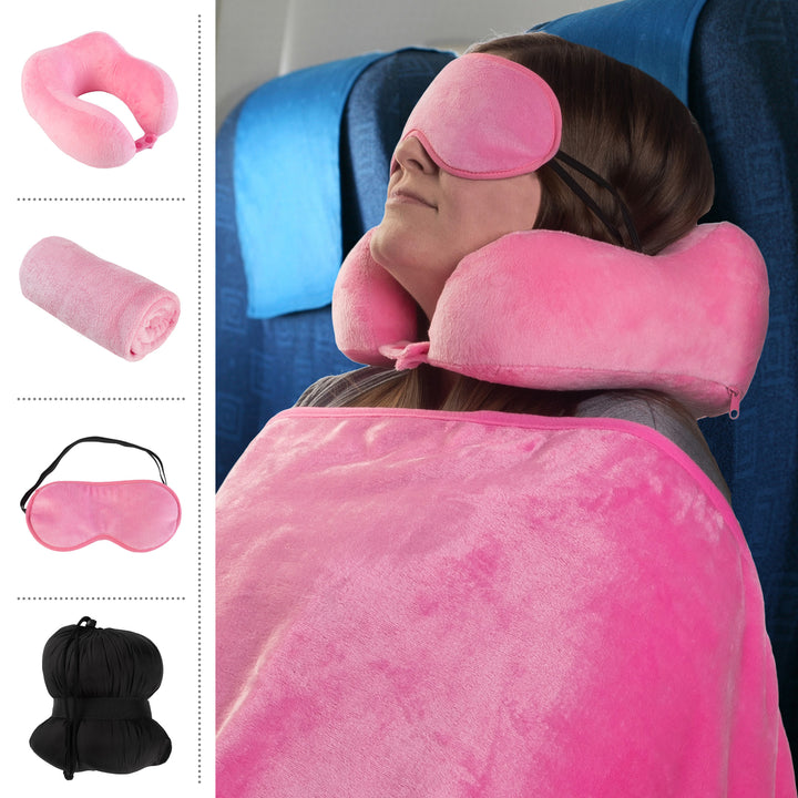Travel Pillow Set Memory Foam Pillow, Fleece Blanket, and Eye Mask, Pink Image 3