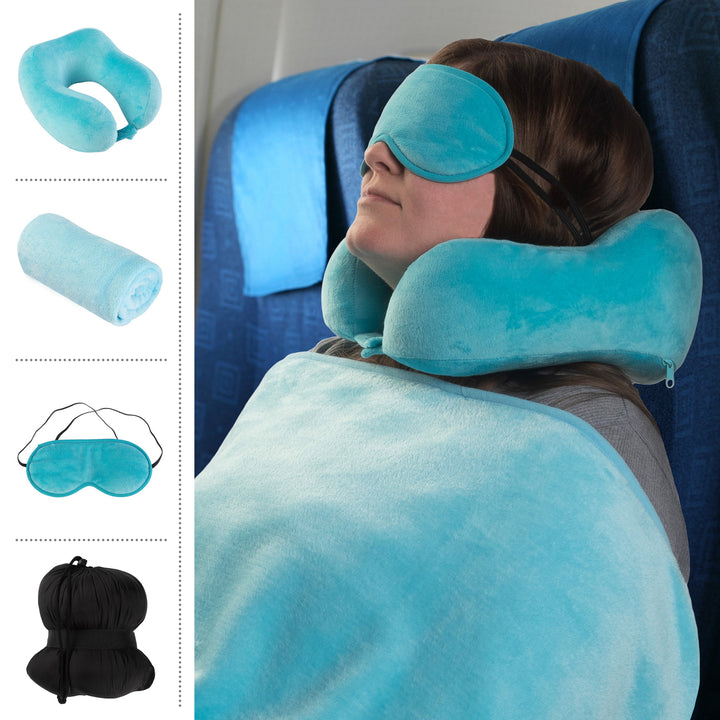 Travel Pillow Set Memory Foam Pillow, Fleece Blanket, and Eye Mask, Blue Image 3