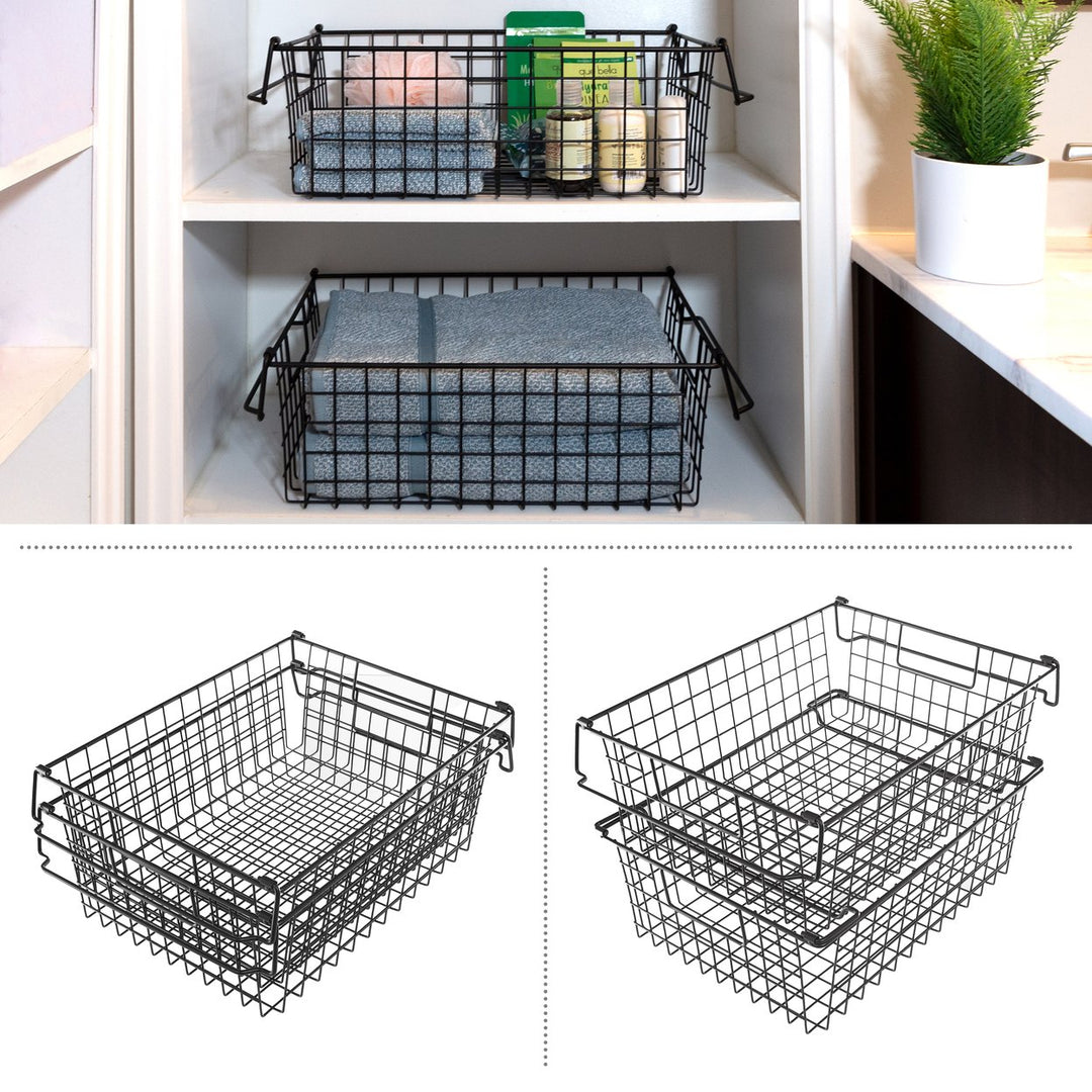 Large Black Wire Storage Bins Set of 2 Stackable Organizers for Kitchen Bathroom Image 3