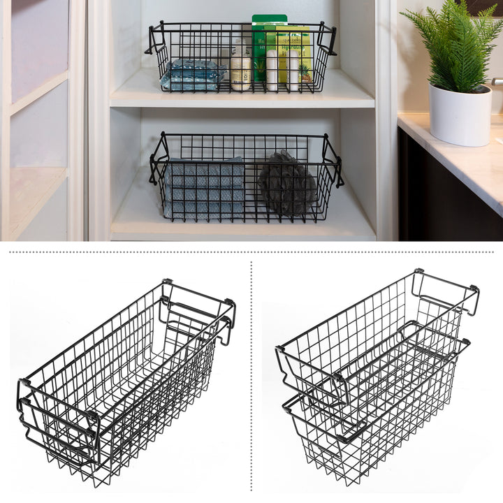 Black Wire Storage Bins Set of 2 Small Kitchen Bathroom Organizers 16x6x5.5 Image 3