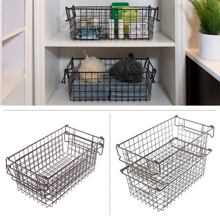 Brown Medium Wire Storage Bins Set of 2 Kitchen Bathroom Organizers 16x9x5.5 Image 3