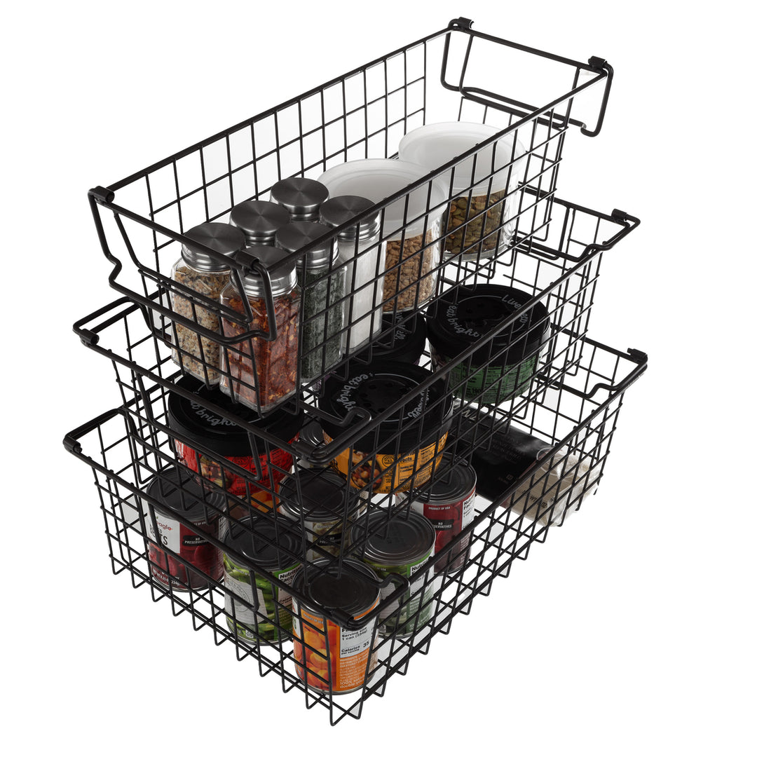 Black Wire Storage Basket Set Small Medium Large Nesting Shelving Organizers Image 1