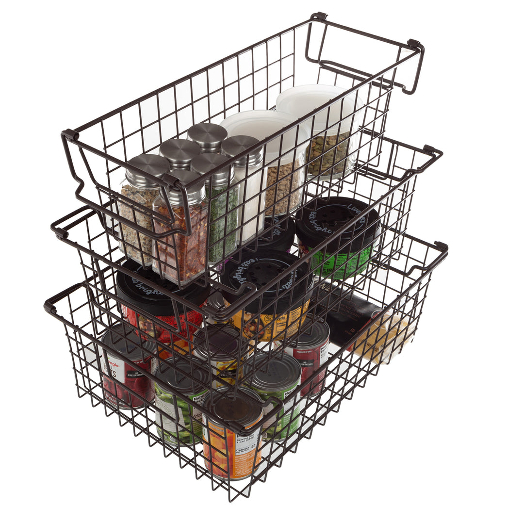 Brown Storage Bins Basket Set 3 Piece Small Medium Large Metal Wire Organizers Image 1