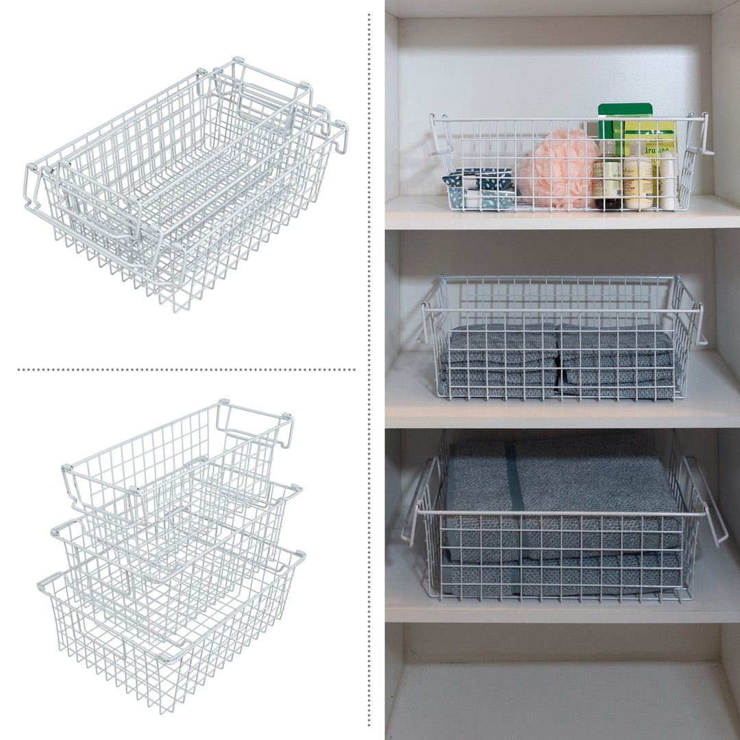 White Storage Basket Set of 3 Metal Wire Small Medium Large Kitchen Organizers Image 3