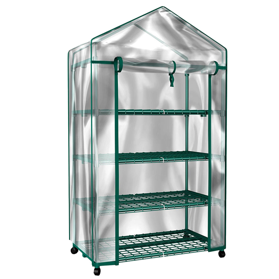 Green House Locking Wheels 4 Shelves w Cover Indoor Outdoor Portable Greenhouse Image 1